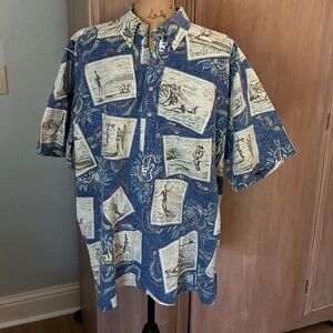 Reyn Spooner Shirt Vintage 80s Surf Hawaiian Reverse Print postcard blue popover